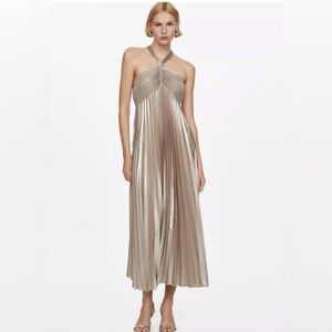 MANGO Pleated Halter Neck Dress